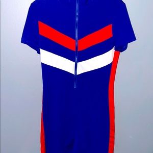 Blue w/ red &white striped zipper jumpsuit